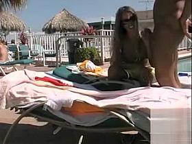 Amateur sex at the pool with a brunette girlfriend