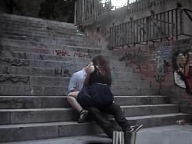 Teen couple fucking in public stairs