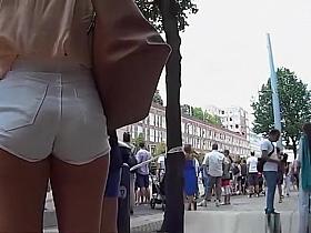 Blonde girl in tight white shorts nice ass