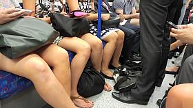 Group of sexy ladies in short skirts have their tasty legs recorded in the subway