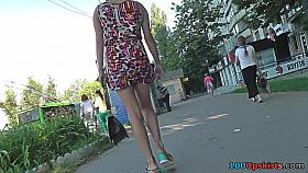 Upskirt porn with brunette-hair gal in a public place