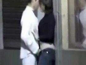 Kissing and fingering his sexy girlfriend on the street