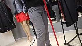Delicious juicy butts saleswoman in very tight dress pants