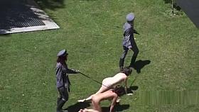 Mistresses in uniforms disgraced slaves in public