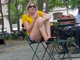 Giggling woman spreads her legs for us