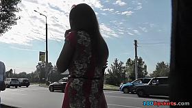 Upskirt outdoor video with dark-haired girlfriend