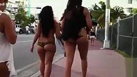 Big booty Brazil girls in bikinis walk down the street