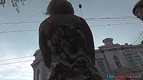 G-string wearing vixen filmed in upskirt video clip