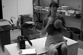 Office woman with giant tits masturbates at work