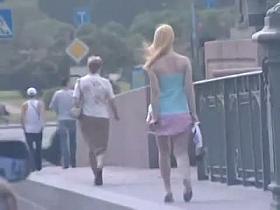 Car voyeur cam films upskirt blonde ass walking accross a bridge
