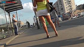 Upskirt panties of the tanned blonde mature lady
