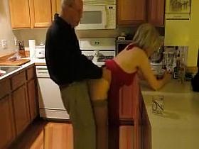 Wife in red dress fucked in kitchen