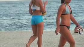 Hot beach voyeur with hot babes in tight shorts playing volleyball