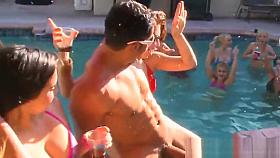 Naughty CFNM babes cocksucking at pool party