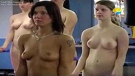 Nude aerobic workout with a group of sweet babes