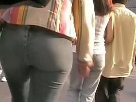 Splendid woman in blue jeans has the sexiest ass ever
