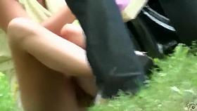 Blonde girlfriend in the park had no panties at all!