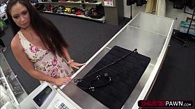 Hot dominatrix selling her old equipment pawns her ass in the shop