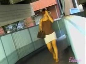 Happy Asian hottie got skirt sharked on a pedestrian bridge