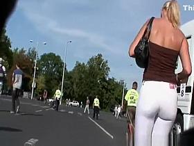 Blonde girl with nice ass in tight pants