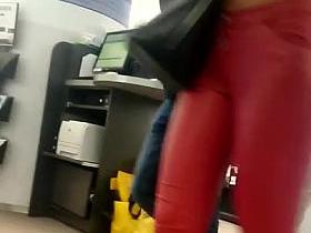 Candid tight ass teen in red leather pants!