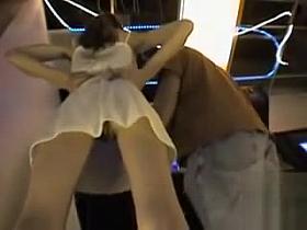 Playful girls at the arcade in no panties upskirt footage