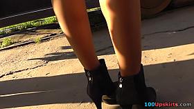 Legal Age Teenager in high heels wears tan pantyhose upskirt