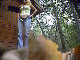 Blonde woman with sexy ass spied pissing outdoors