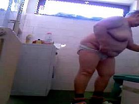 My old fat mom spied in bathroom. Hidden cam