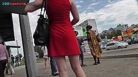 Alluring upskirt playgirl in a hawt red costume