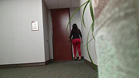 Latina in red tight pants and nice panty line ass