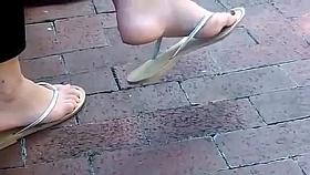 Candid Brunette Feet Shoeplay Dangling Flip Flops Outside