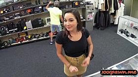Sexy coed flashes her boobs and banged at the pawnshop