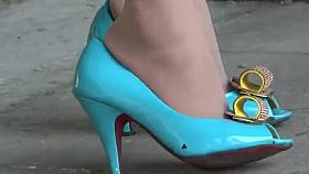 Candid Asian Shoeplay in blue high heels and nylons
