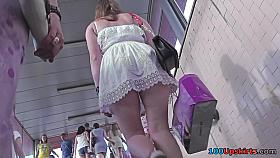 G-string of a sexy lassie seen in free upskirt video