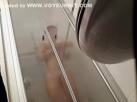 My foxy roomie jumps completely naked into the shower booth