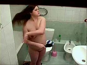 My chubby girlfriend in bathroom spied with hidden cam