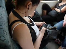 Cleavage in White Top & Black Bra Top on Train...