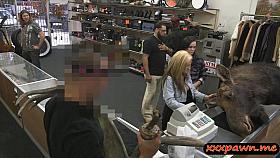 Lesbian couple fucking with pervert pawn man at the pawnshop