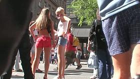 Two hot bimbos in shorts captured by a candid street cam