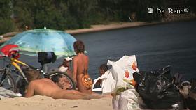 A nude beach voyeur films a funny girl with a pineapple painted on her ass