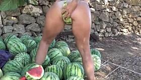 Curvy MILF in public masturbation action with watermelons