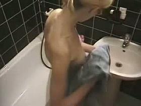 Shower spy cam with nerdy blonde chick