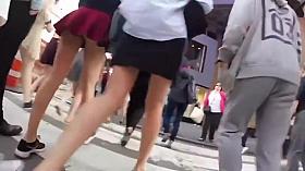 teen upskirt in street with red frilly skirt