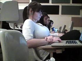 Brunette girl has awesome huge boobs on candid video