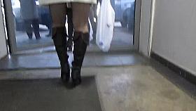 Upskirt Stockings and Black Leather Boots 1