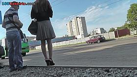 Upskirt footage of g-string of a girl in a-line skirt