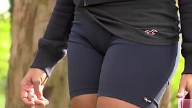 Girl in the skintight sporty shorts has a sexy cameltoe