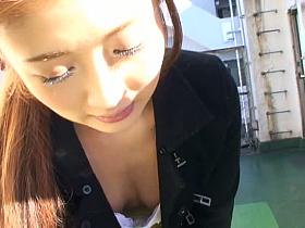 Red haired Japanese girl tricked into showing her cleveage