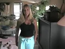 Hot blonde with large breasts licking trips and large cock
